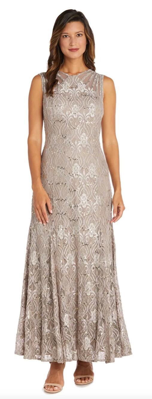 R&M Richards Womens Sequined Lace Gown Dress Sheer Inserts Champagne Size 6 NWT